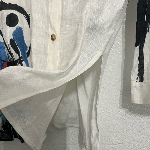 Citron Santa Monica Top Small Womens White Linen Art Asymmetrical Button Tunic - Picture 10 of 14